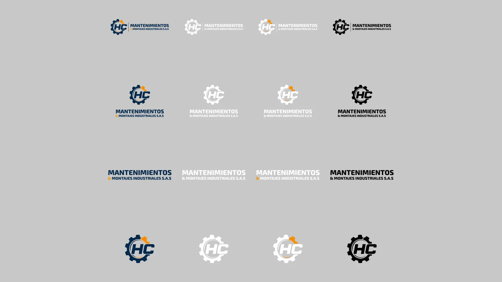 Hoja de logos de HC Mantenimientos & Montajes Industriales: versiones horizontal, vertical, solo texto y solo símbolo